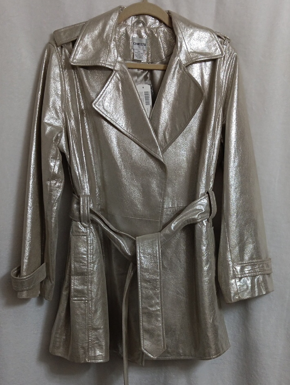 Chico's Shimmery Silver Trench Coat with Waist Tie